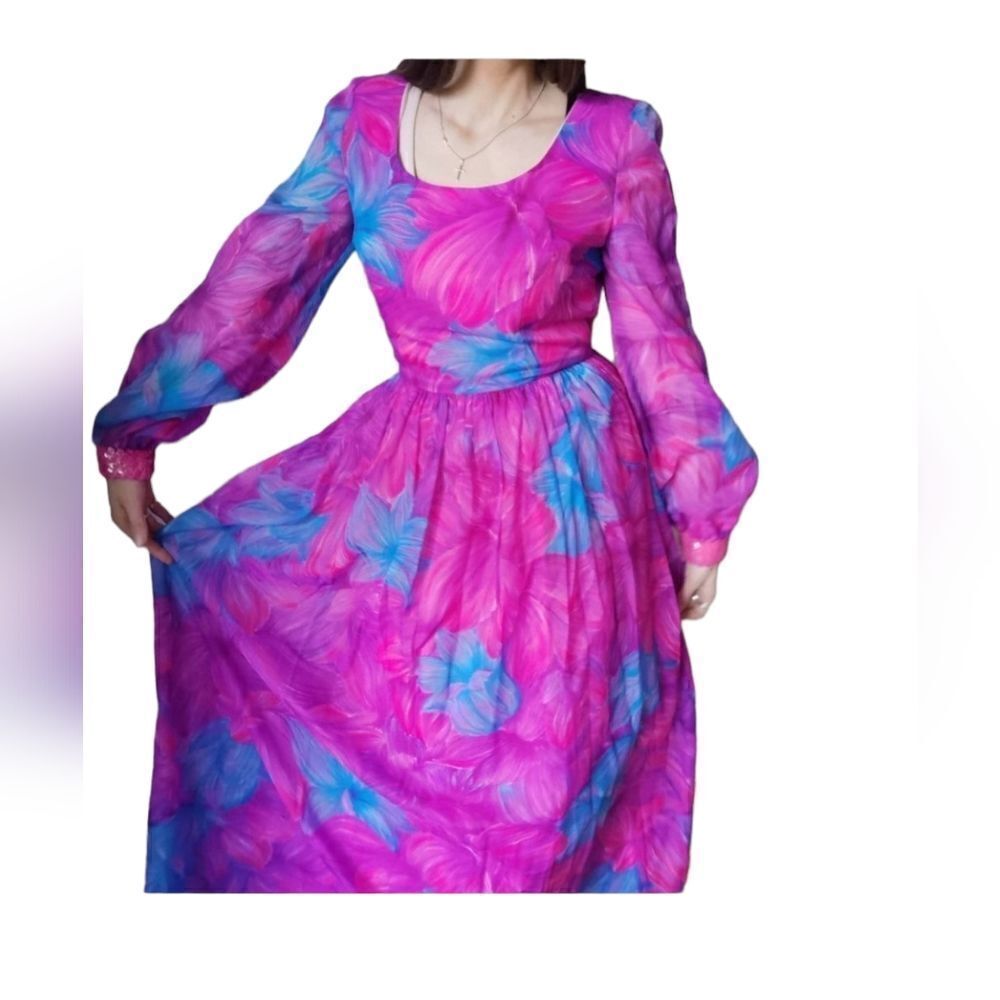 Vintage 70s Purple & Blue Maxi Dress Neon 60s Chiffon Puff Festival Dopamine